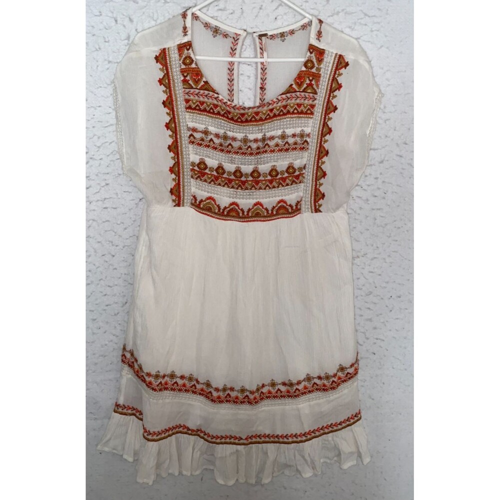 Free People Sunrise Wanderer Dress Embroidered Boho XS Off White Lace Pockets